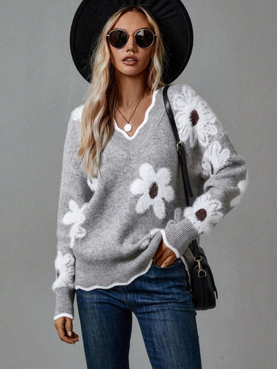 MILA | ELEGANT V-NECK FLORAL SWEATER