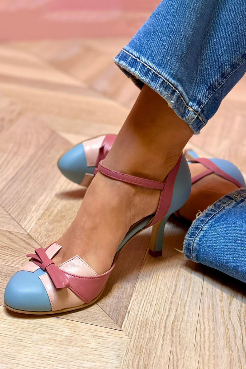 Bellarosa | Colorful heels with bow and strap, round toe