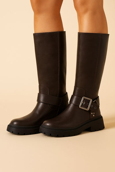 Knee-High Chunky Flat Boots – Retro Buckle