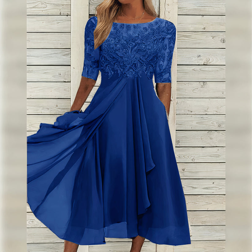 Indira™ - Lace Sleeve Midi Dress
