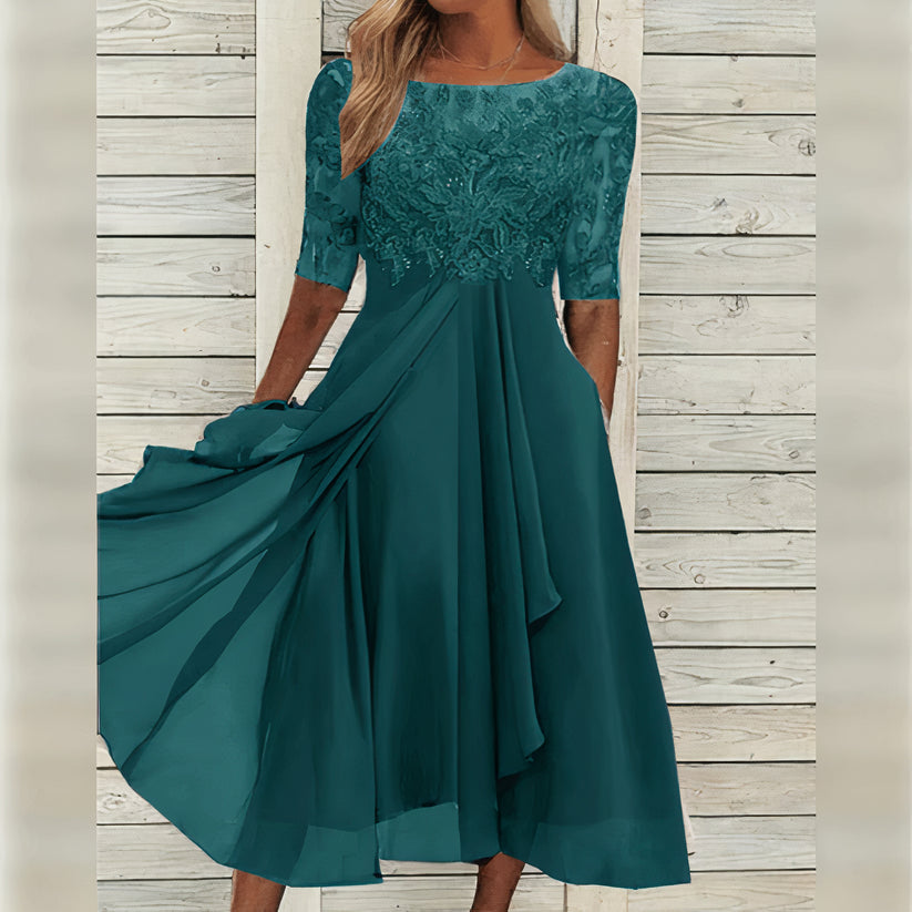 Indira™ - Lace Sleeve Midi Dress