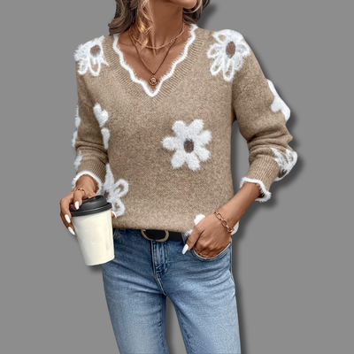 MILA | ELEGANT V-NECK FLORAL SWEATER