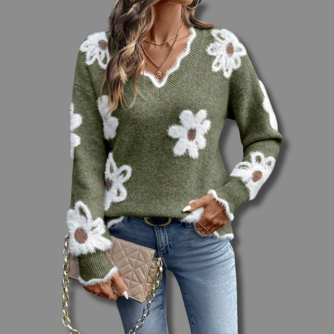 MILA | ELEGANT V-NECK FLORAL SWEATER