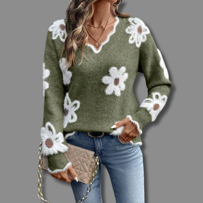 MILA | ELEGANT V-NECK FLORAL SWEATER