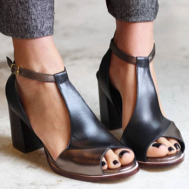 Nadaria | Black Patchwork Peep Toe Heels