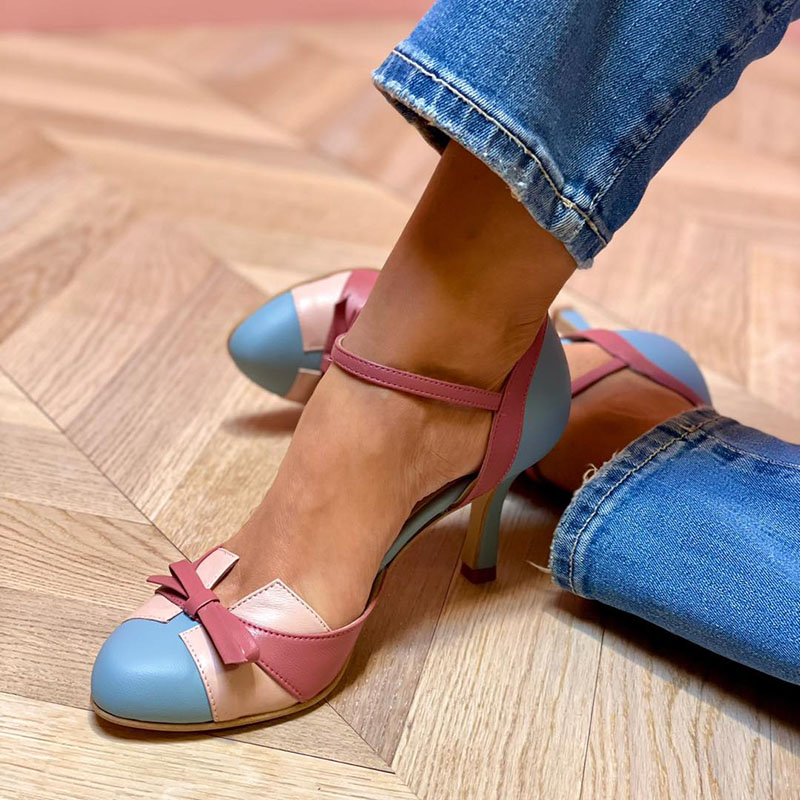 Bellarosa | Colorful heels with bow and strap, round toe